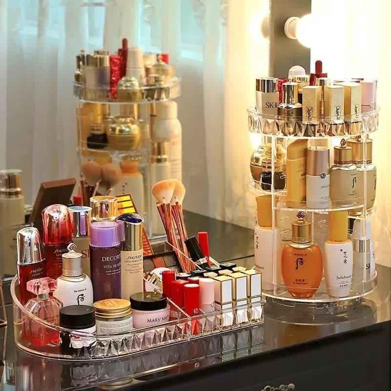 All In One Cosmetic Makeup Organizer, 360 Degree Rotation Makeup Organizer, Crystal Makeup Display Stand, Multifunction Detachable Makeup Beauty Organizer, Adjustable Cosmetic Display Case, Rotatable Transparent Beauty Organizer.
