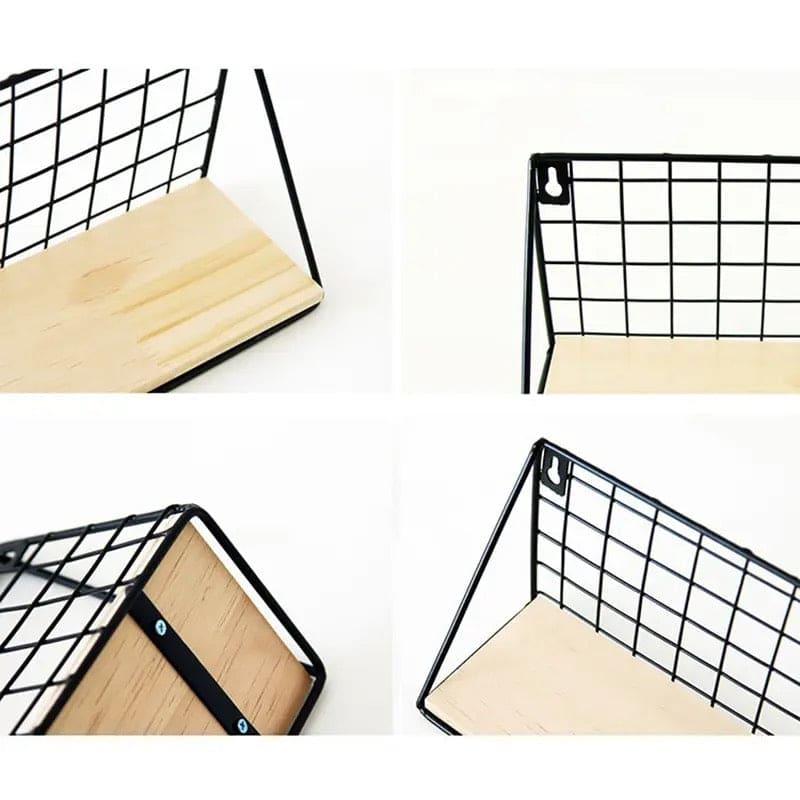 Metal Grid Wall Shelf with Wooden Base.