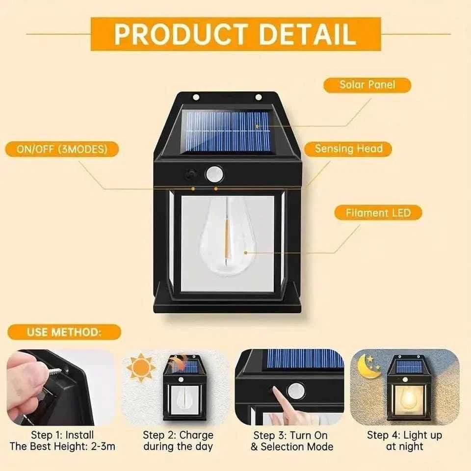 Solar Outdoor Lamp with Tungsten Filament, Waterproof Smart Induction Lantern, Wireless Dusk-to-Dawn Wall Light, Motion Sensor Porch Light for Gardens, Courtyards, and Villas, Sun-Powered Motion Detection Light.