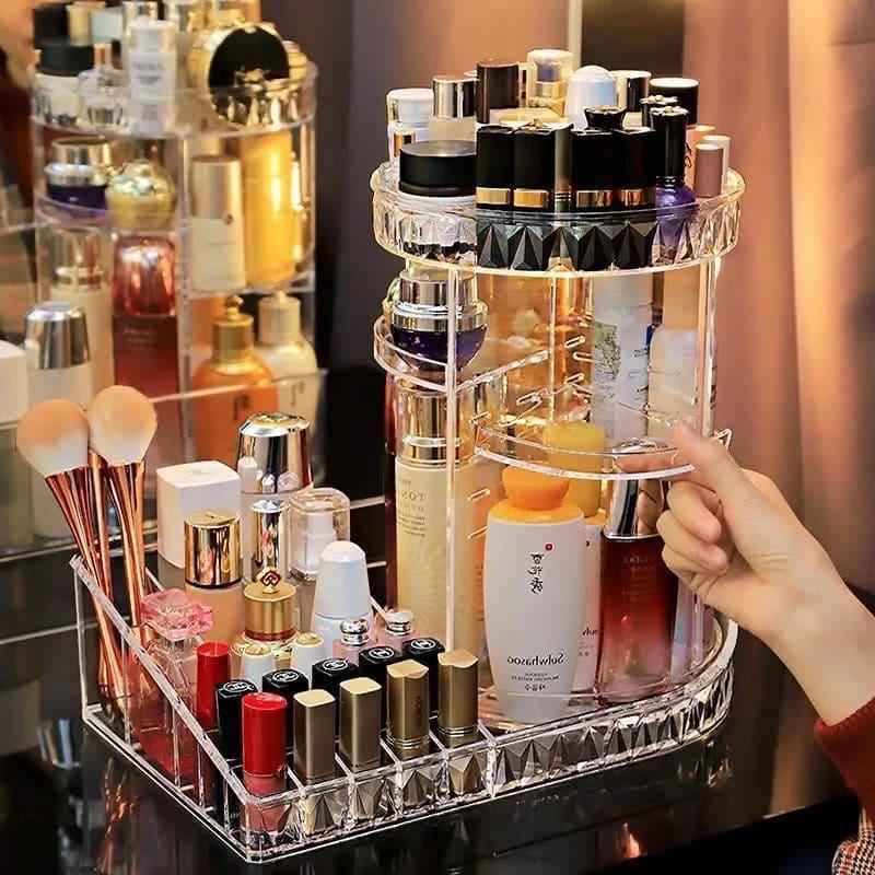 All In One Cosmetic Makeup Organizer, 360 Degree Rotation Makeup Organizer, Crystal Makeup Display Stand, Multifunction Detachable Makeup Beauty Organizer, Adjustable Cosmetic Display Case, Rotatable Transparent Beauty Organizer.