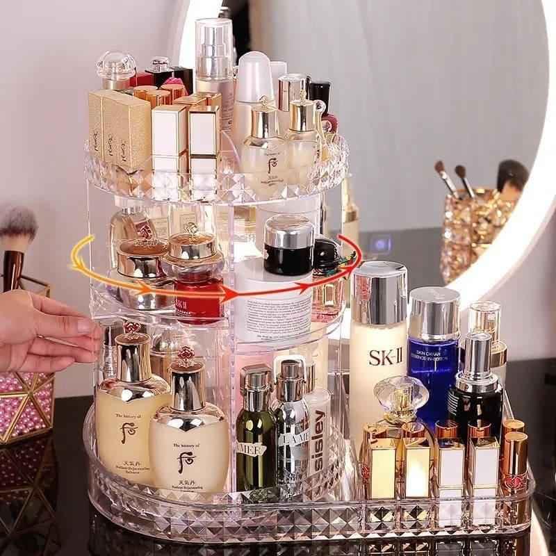 All In One Cosmetic Makeup Organizer, 360 Degree Rotation Makeup Organizer, Crystal Makeup Display Stand, Multifunction Detachable Makeup Beauty Organizer, Adjustable Cosmetic Display Case, Rotatable Transparent Beauty Organizer.