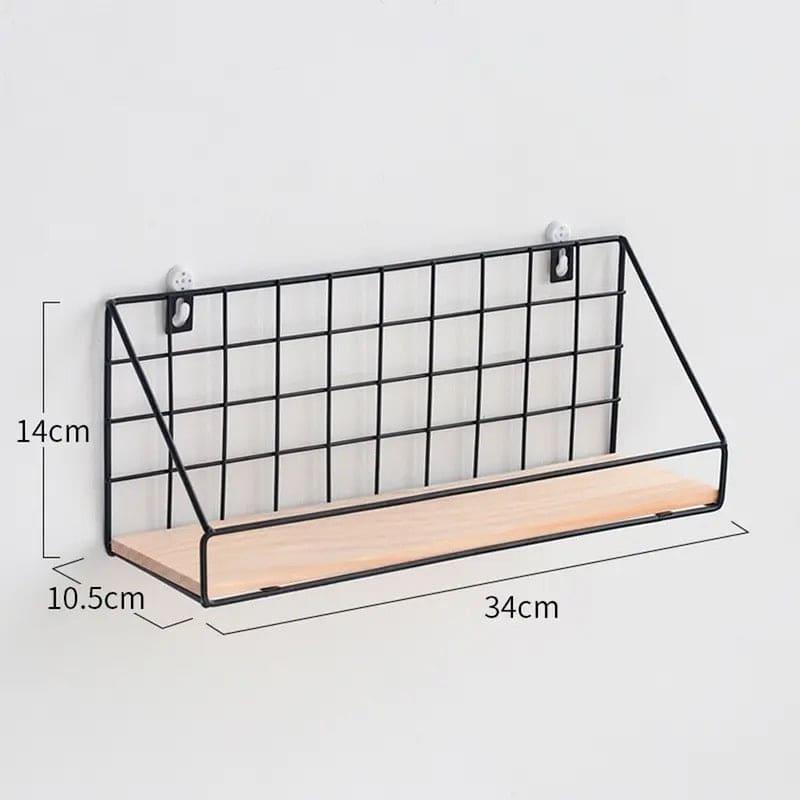 Metal Grid Wall Shelf with Wooden Base.