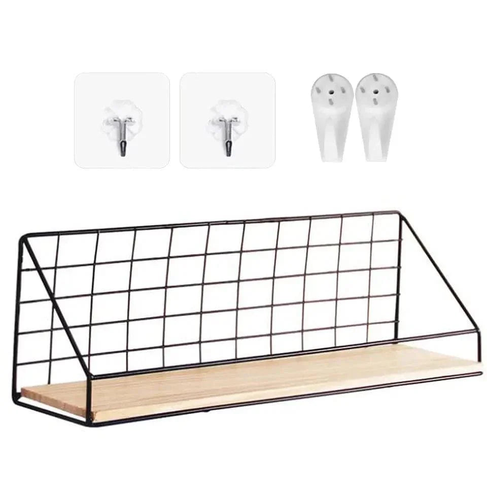 Metal Grid Wall Shelf with Wooden Base.