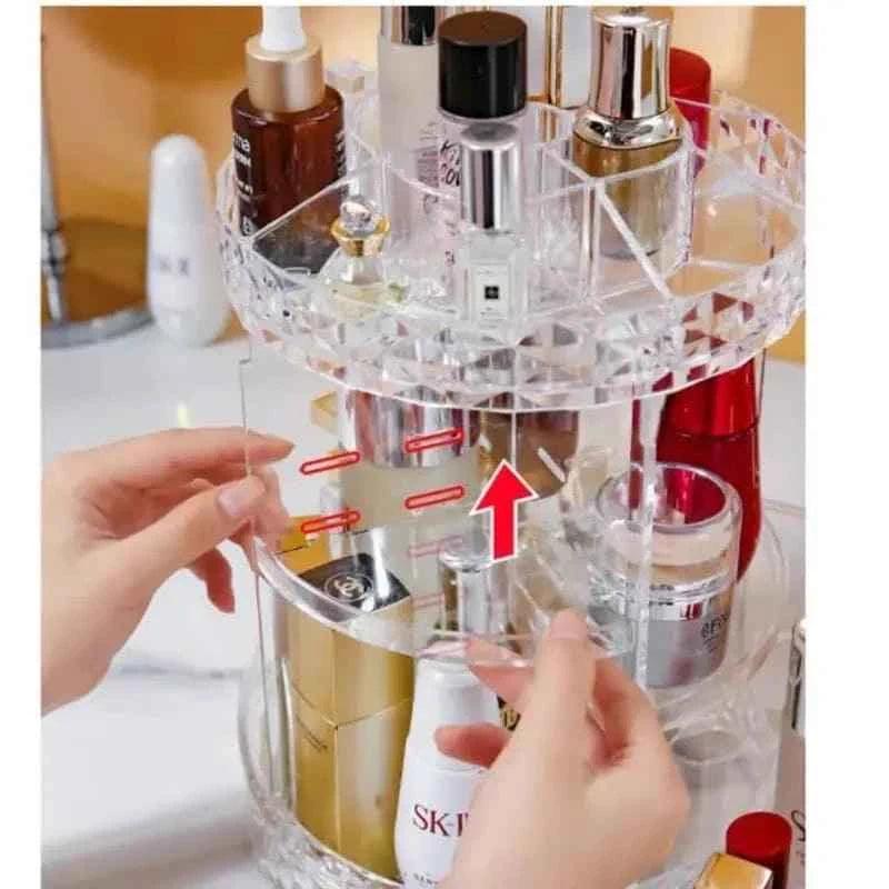 All In One Cosmetic Makeup Organizer, 360 Degree Rotation Makeup Organizer, Crystal Makeup Display Stand, Multifunction Detachable Makeup Beauty Organizer, Adjustable Cosmetic Display Case, Rotatable Transparent Beauty Organizer.