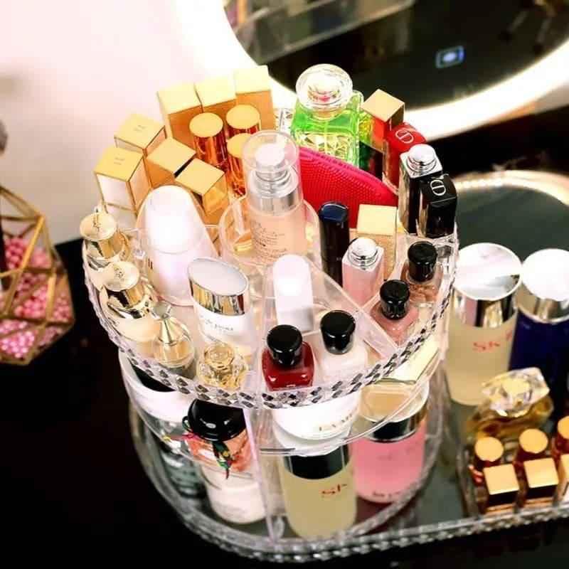 All In One Cosmetic Makeup Organizer, 360 Degree Rotation Makeup Organizer, Crystal Makeup Display Stand, Multifunction Detachable Makeup Beauty Organizer, Adjustable Cosmetic Display Case, Rotatable Transparent Beauty Organizer.
