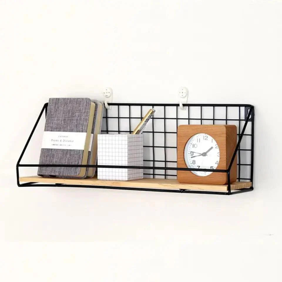 Metal Grid Wall Shelf with Wooden Base.