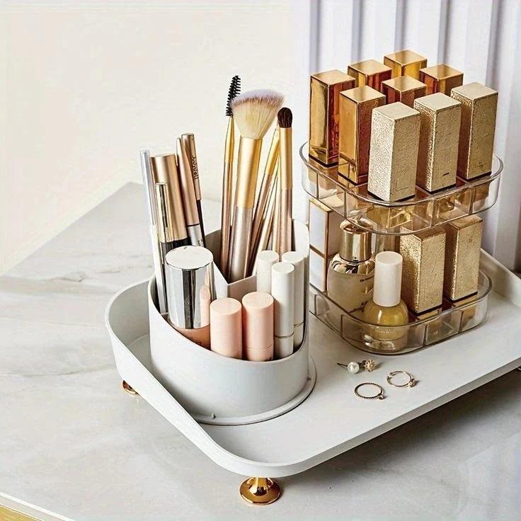 360° Rotating Makeup Brush Box With Lipstick Organizer.