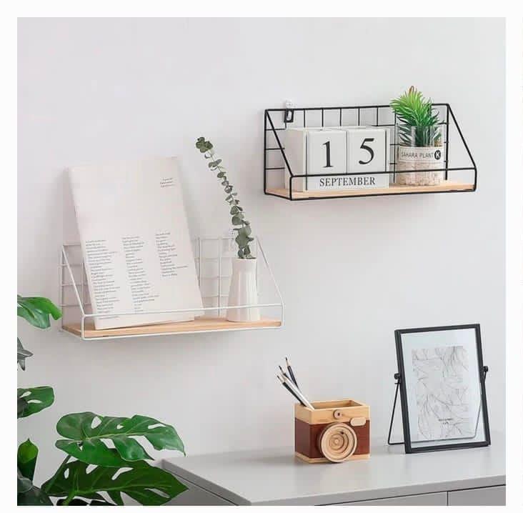 Metal Grid Wall Shelf with Wooden Base.