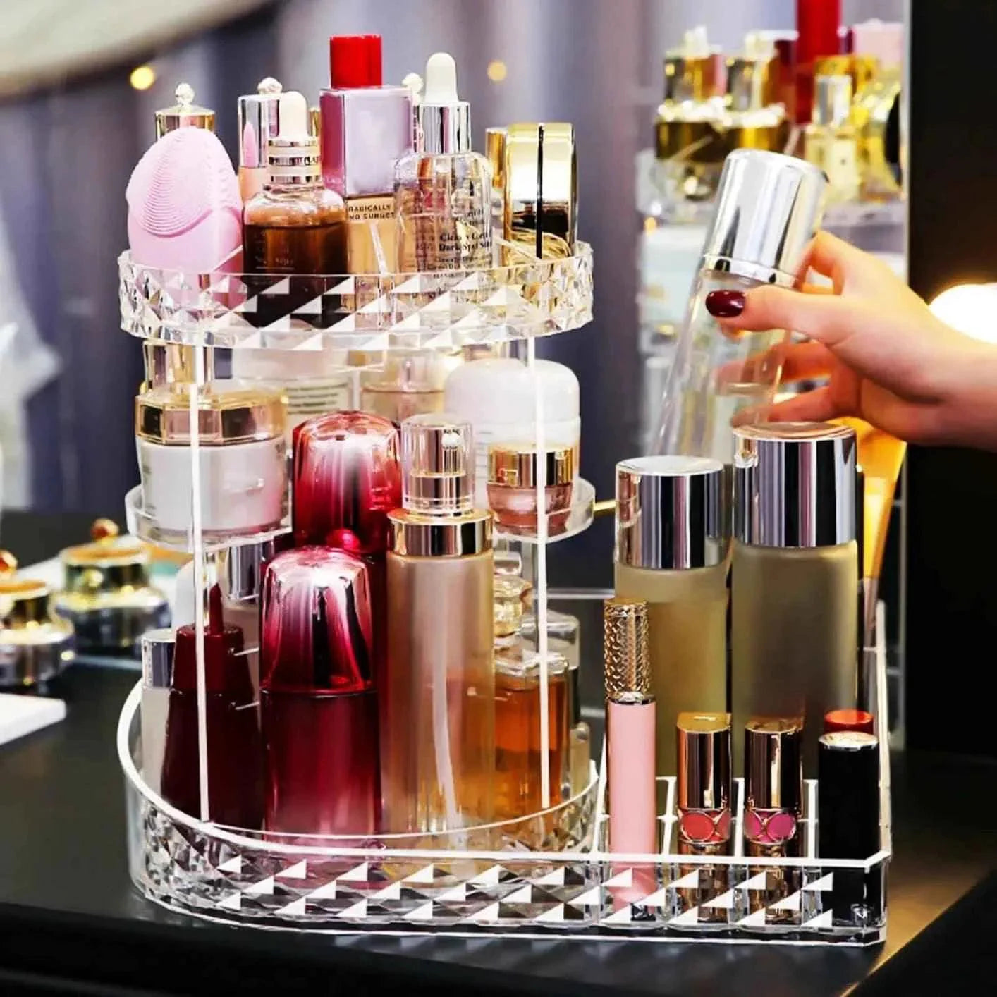 All In One Cosmetic Makeup Organizer, 360 Degree Rotation Makeup Organizer, Crystal Makeup Display Stand, Multifunction Detachable Makeup Beauty Organizer, Adjustable Cosmetic Display Case, Rotatable Transparent Beauty Organizer.