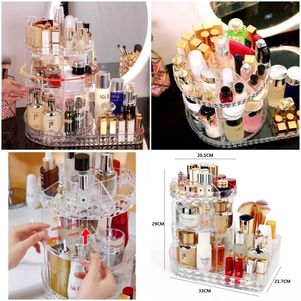 All In One Cosmetic Makeup Organizer, 360 Degree Rotation Makeup Organizer, Crystal Makeup Display Stand, Multifunction Detachable Makeup Beauty Organizer, Adjustable Cosmetic Display Case, Rotatable Transparent Beauty Organizer.
