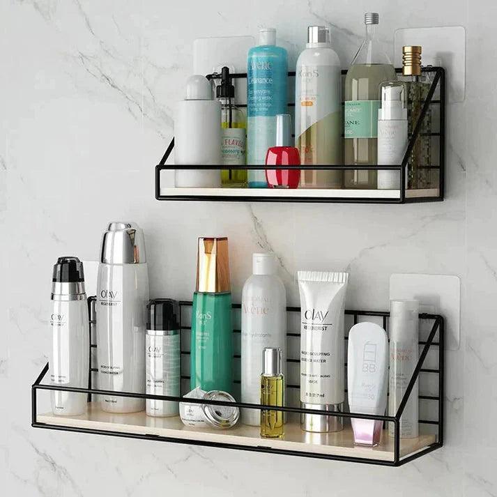 Metal Grid Wall Shelf with Wooden Base.