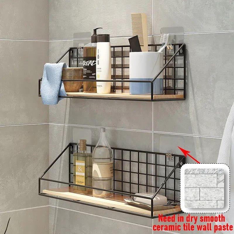 Metal Grid Wall Shelf with Wooden Base.
