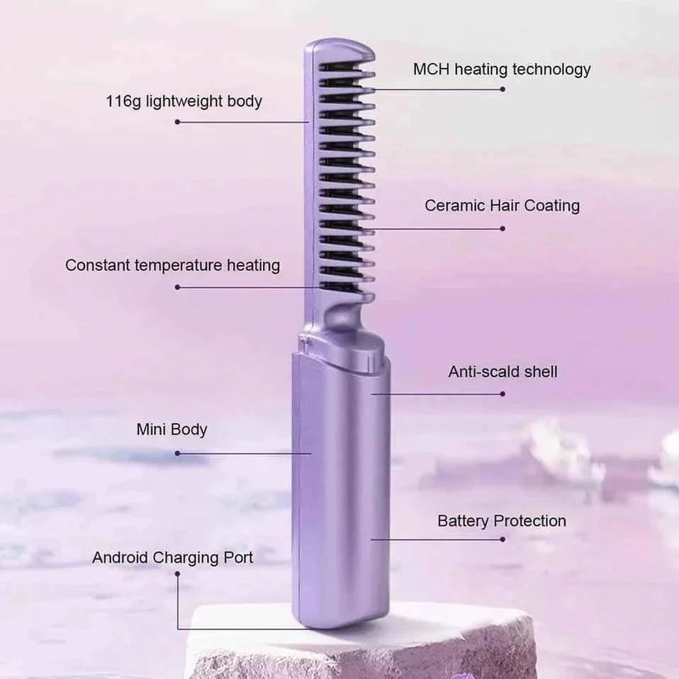 Cordless Wireless Rechargeable Travel Comb Hair Straightener,