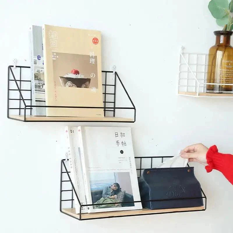 Metal Grid Wall Shelf with Wooden Base.