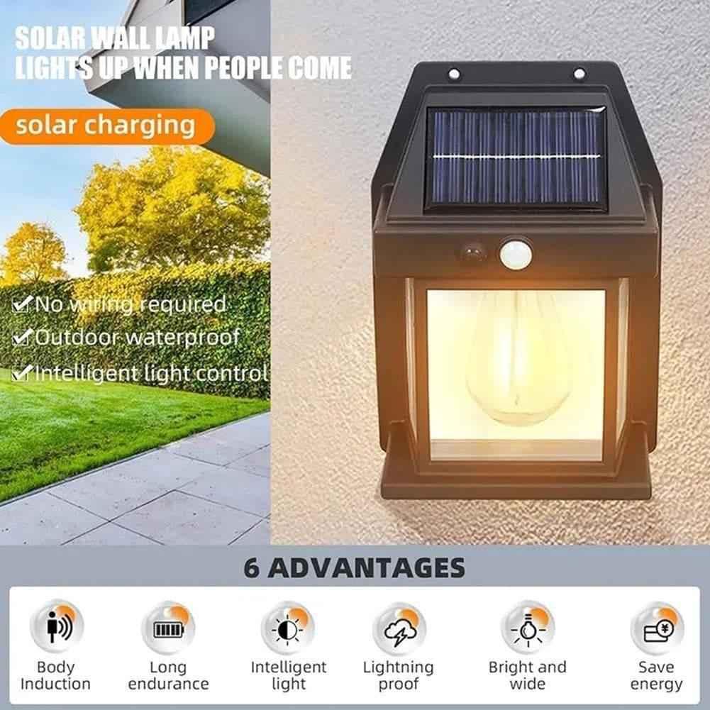 Solar Outdoor Lamp with Tungsten Filament, Waterproof Smart Induction Lantern, Wireless Dusk-to-Dawn Wall Light, Motion Sensor Porch Light for Gardens, Courtyards, and Villas, Sun-Powered Motion Detection Light.