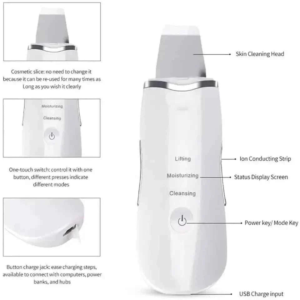 Ultrasonic Skin Scrubber, Deep Cleansing Facial Exfoliator, Vibrating Face Cleaner, Blackhead Extractor, Facial Massager with Ultrasonic Peeling, Cavita